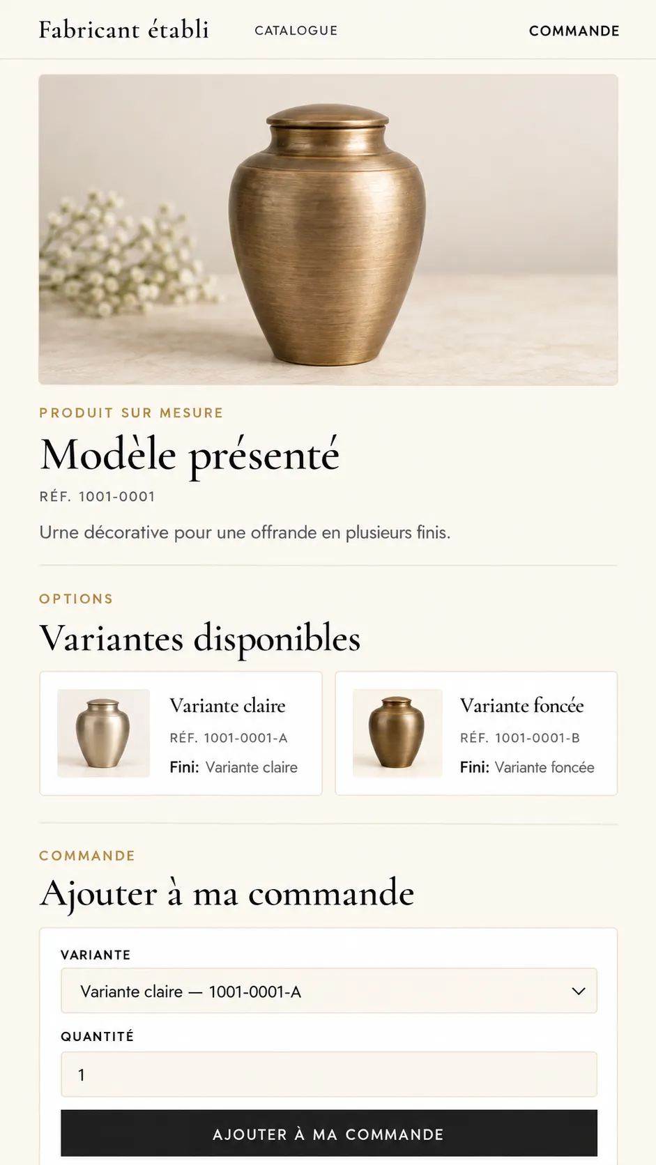 Fiche produit anonymisée montrant un produit, ses variantes et l’ajout à une demande de commande.