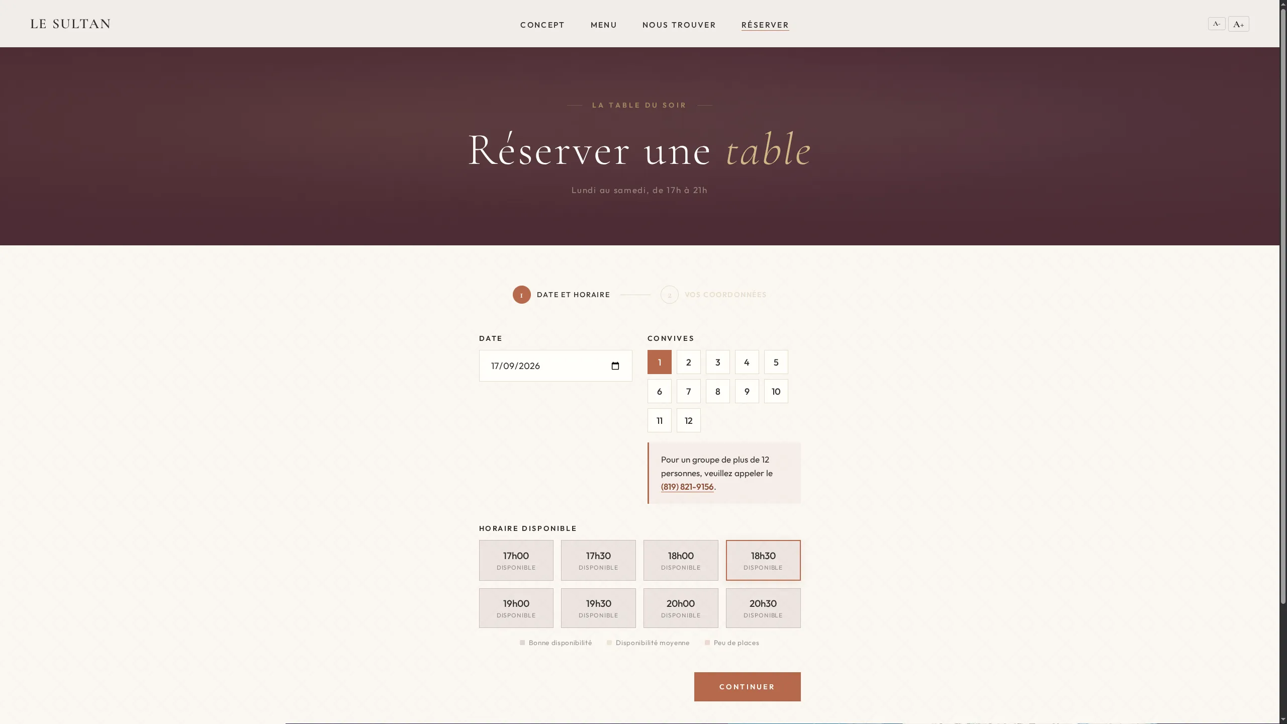 Page de réservation du Sultan sur ordinateur, avec la date, le nombre de convives et les plages horaires du service du soir.