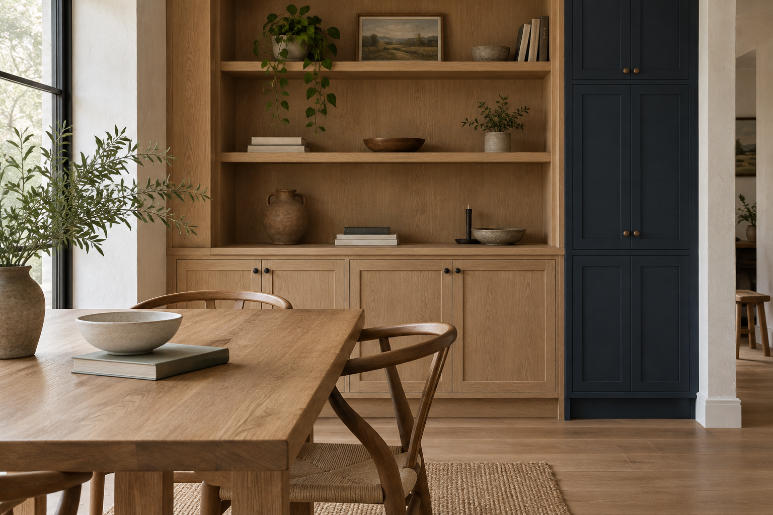 Bibliothèque et mobilier en chêne dans une salle à manger, chez Atelier Branche et Boulot.